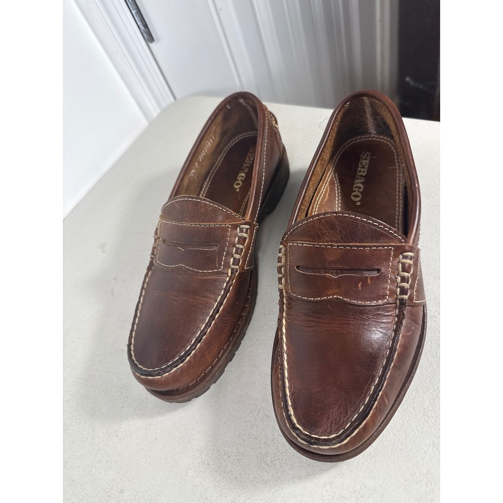 Sebago Mens Brown Leather Penny Loafers Lug Sole Handsewn Moccasin Shoes 8.5 D
